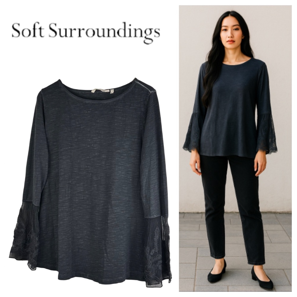 Soft Surroundings Sheer Genius Shirt Top Tunic Sz XL 14 16 Lace Gray Bell Slv